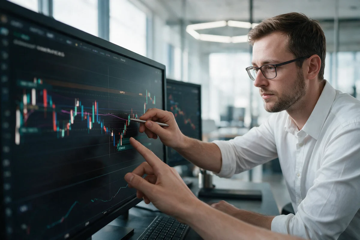 Illustrative photograph of an analyst reviewing a futures chart on a monitor