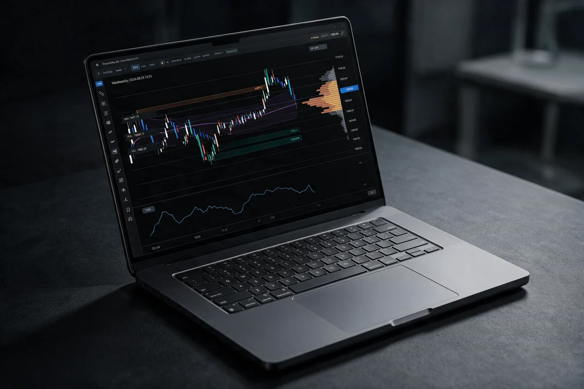 Illustrative photograph of a laptop displaying a DeepAlpha futures chart