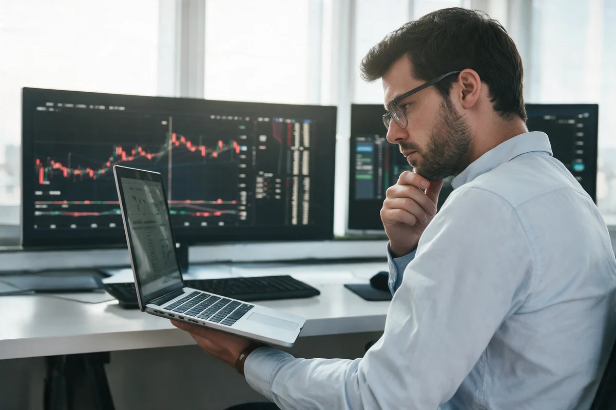 Illustrative photograph of a trader reviewing charts beside a laptop